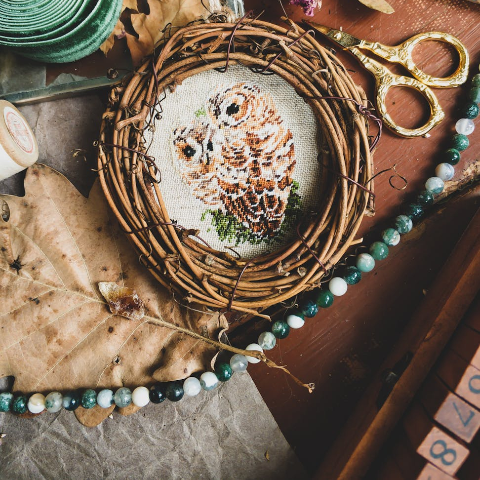 cross stitch in wicker frame