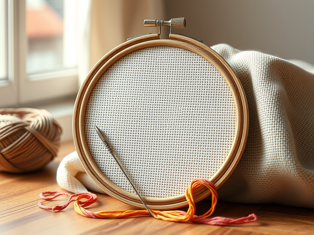 Cross stitch hoop with floss and needle