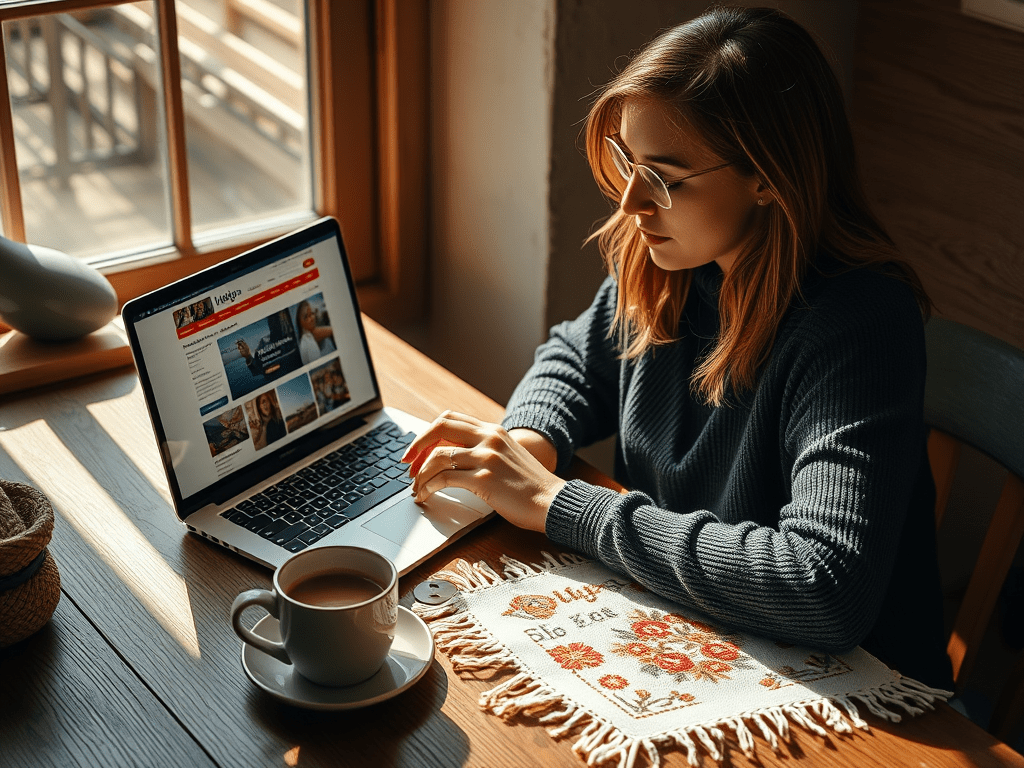 a woman sat at a laptop on a wooden desk